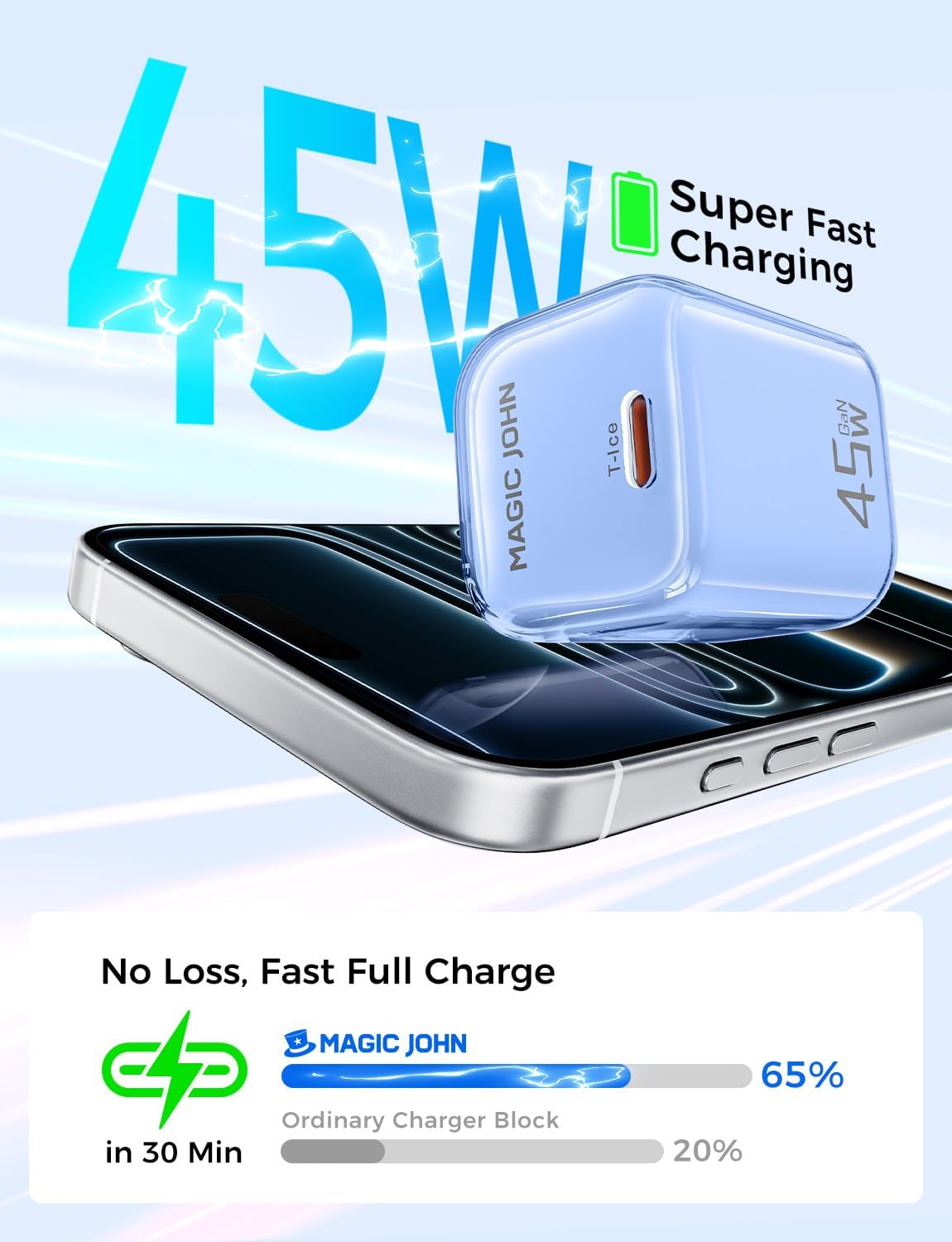 MAGIC JOHN 45W USB C Charger Block, Ultra-Fast Charging for iPhone 15/16/17 & More, Compatible with iPhone, iPad, Samsung, and Other USB C Devices Blue