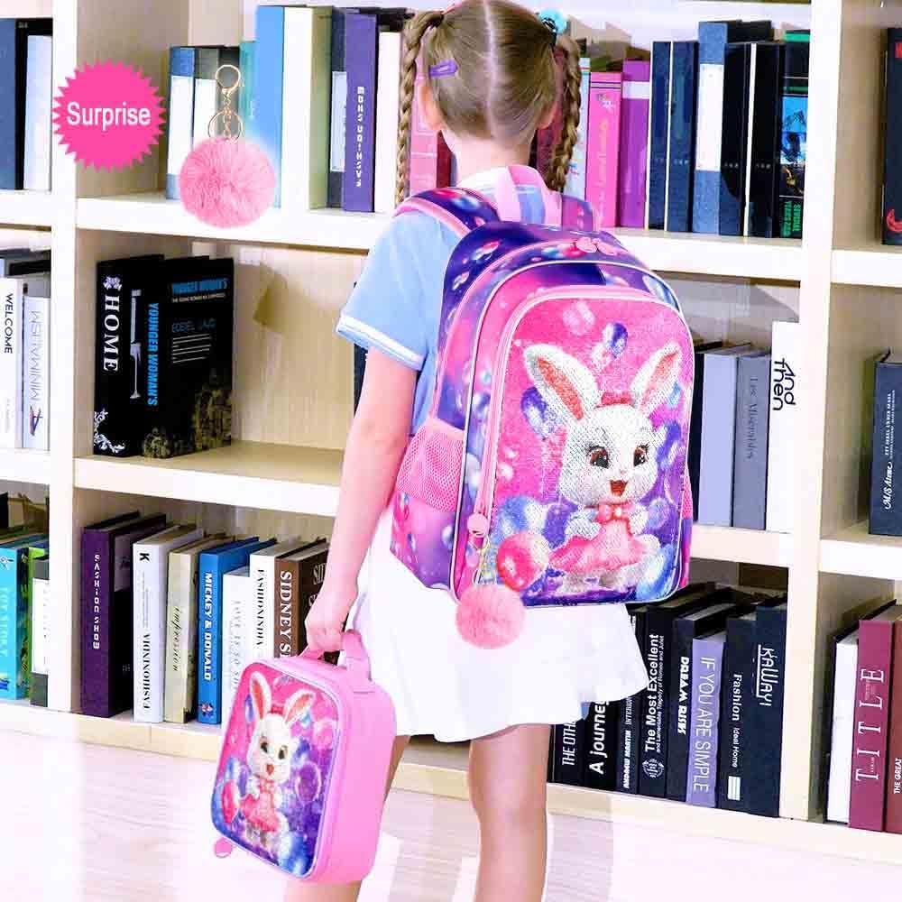3Pcs Backpack for Girls, 16" Sequins Kids Bookbag with Lunch Box, Bunny School Backpacks for Elementary Preschool Kindergarten (Pink)