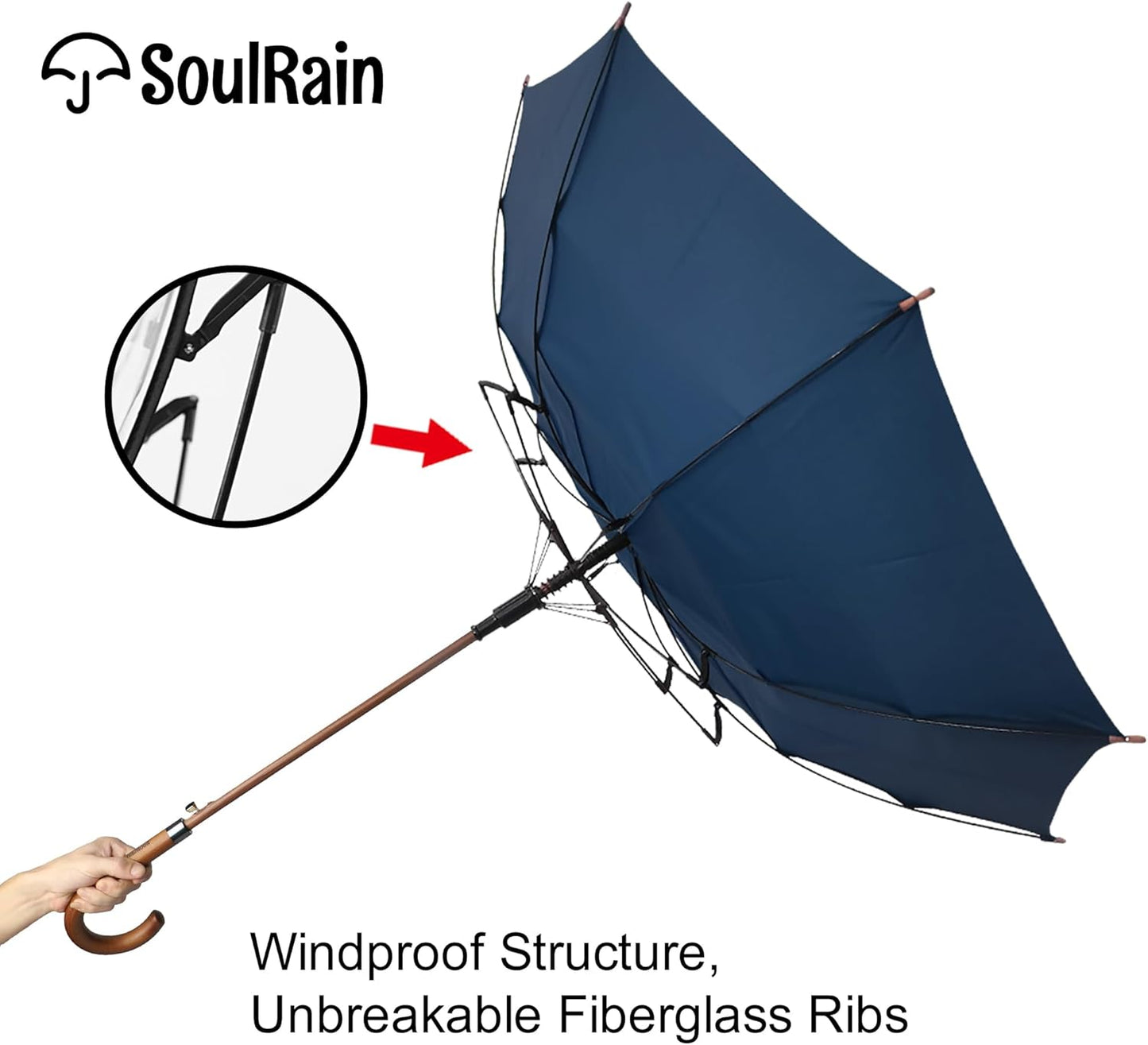 SoulRain 48" Large Umbrella –Windproof Stick Umbrellas for Rain, Automatic Open, Vintage Cane Navy Blue big Umbrella with Classic Wooden Handle,Open for 2 Persons adult,for Women & Men(Navy Blue)