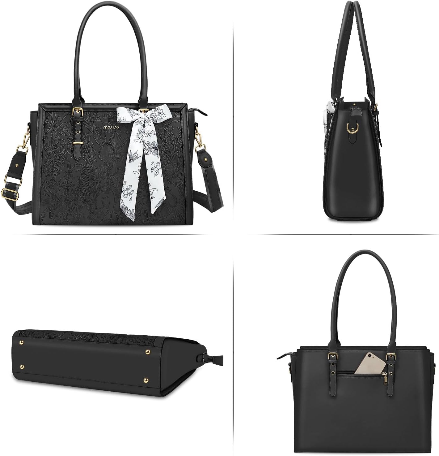 MOSISO Laptop Bag for Women, PU Leather Tote Bag, Front Embossed Retro Hibiscus Computer Bags with Silk Scarf&Clutch Purse