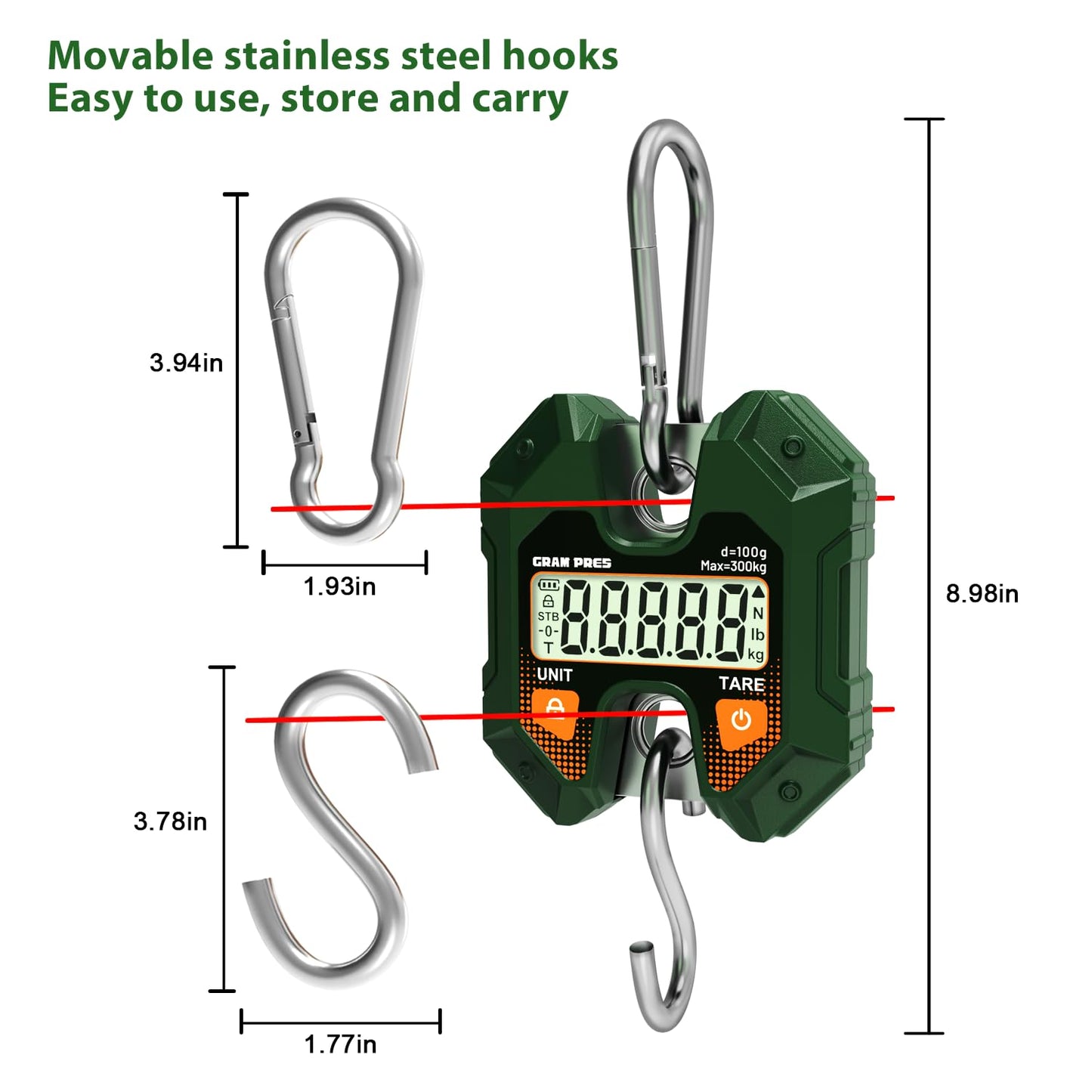 Digital Hanging Scale 660LB/300KG,Handheld Mini Crane Scale,Deer Hunting Scales,Digital Luggage Scale with Hooks for Farm，Fishing, Fish, Meat，Game,Outdoor.
