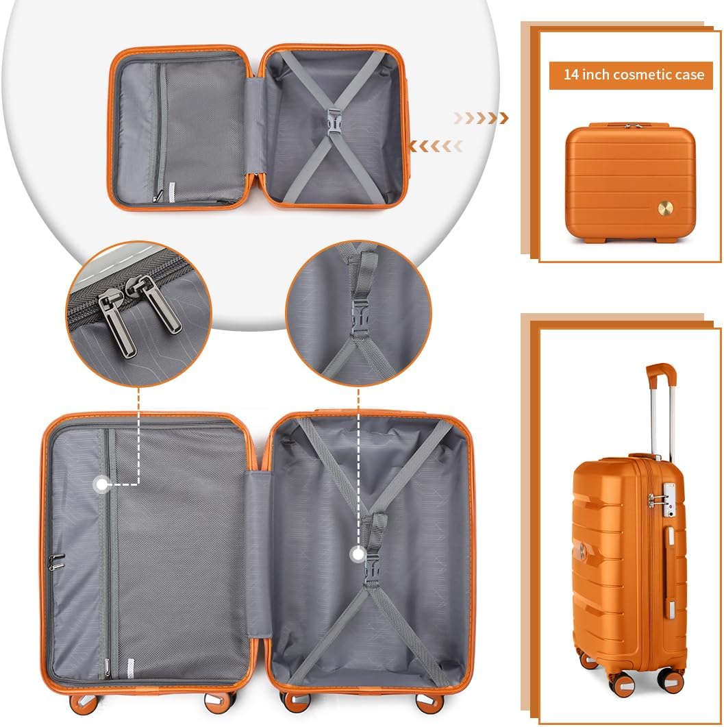 Somago Luggage Sets and Packing Cube Travel Set Lightweight Hardside Polypropylene Suitcases with Double Spinner Wheels and TSA Lock,Sunset Orange