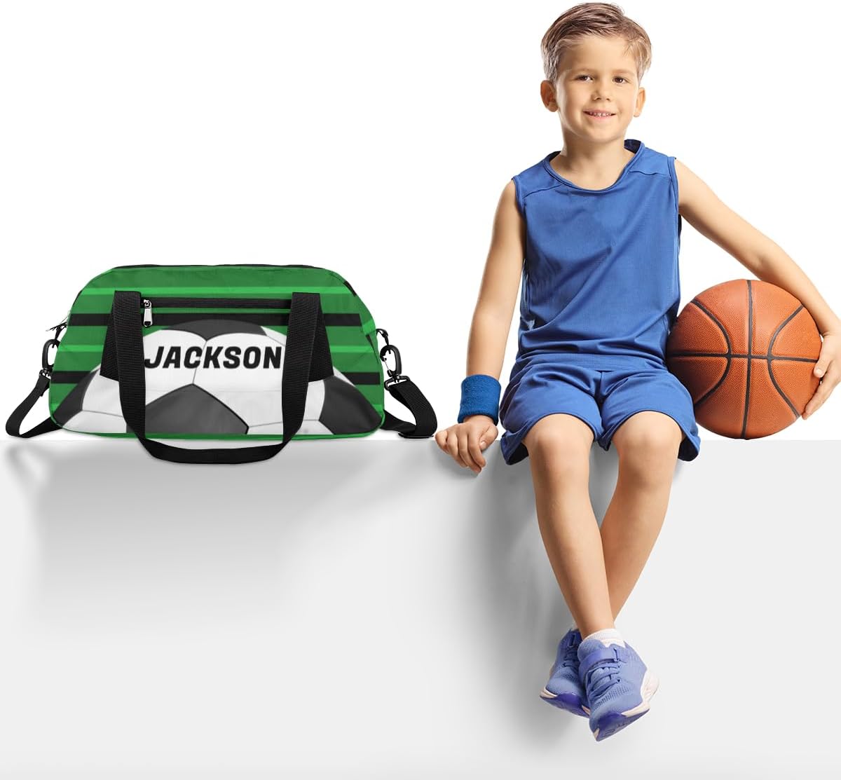 Football Sport Custom Name Kids Overnight Duffel Bags Boys Green Stripe Personalized Sport Gym Bag Customized Duffel Bag for Travel Weekender Practice Gymnastics