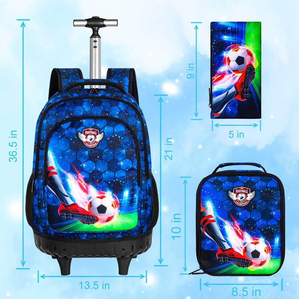 WZLVO 3PCS Rolling Backpack for Boys, 21 Inch Dinosaur Roller School Bookbag with Lunch Bag, Water Resistant Wheeled Backpacks for Teens Boys Elementary Travel