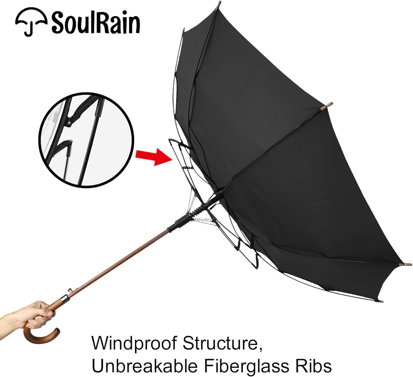 SoulRain 48" Black Umbrella – Stick Windproof Large Umbrellas for Rain, Automatic Open for 2 Persons, Classic Wooden Handle, Durable Travel & Wedding Vintage Cane Umbrella for Men & Women(Black)