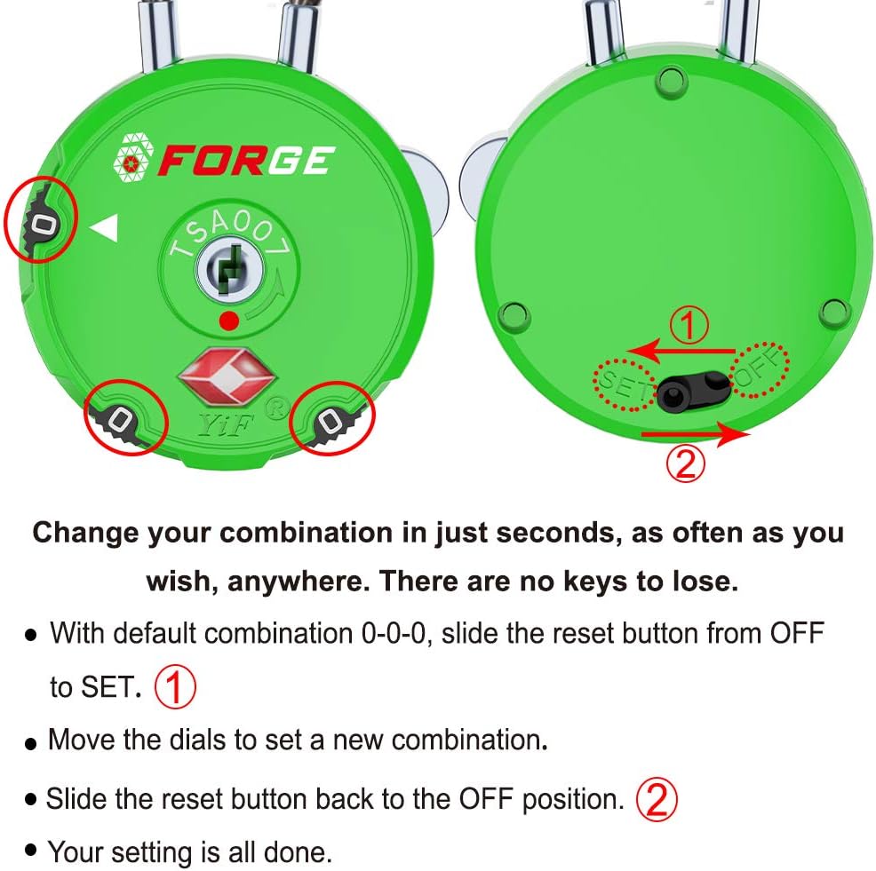 Forge Quality TSA Approved Luggage Locks for Travel Accessories, Suitcase, Pelican case, Ammo Boxes, Set Your own Combination, Zinc Alloy Body-Cable Green 2 Locks