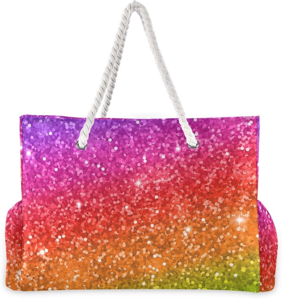 ALAZA Multicolor Glitter Rainbow Gradient Shoulder Tote Bags for Gym Travel Beach, Inner Pockets