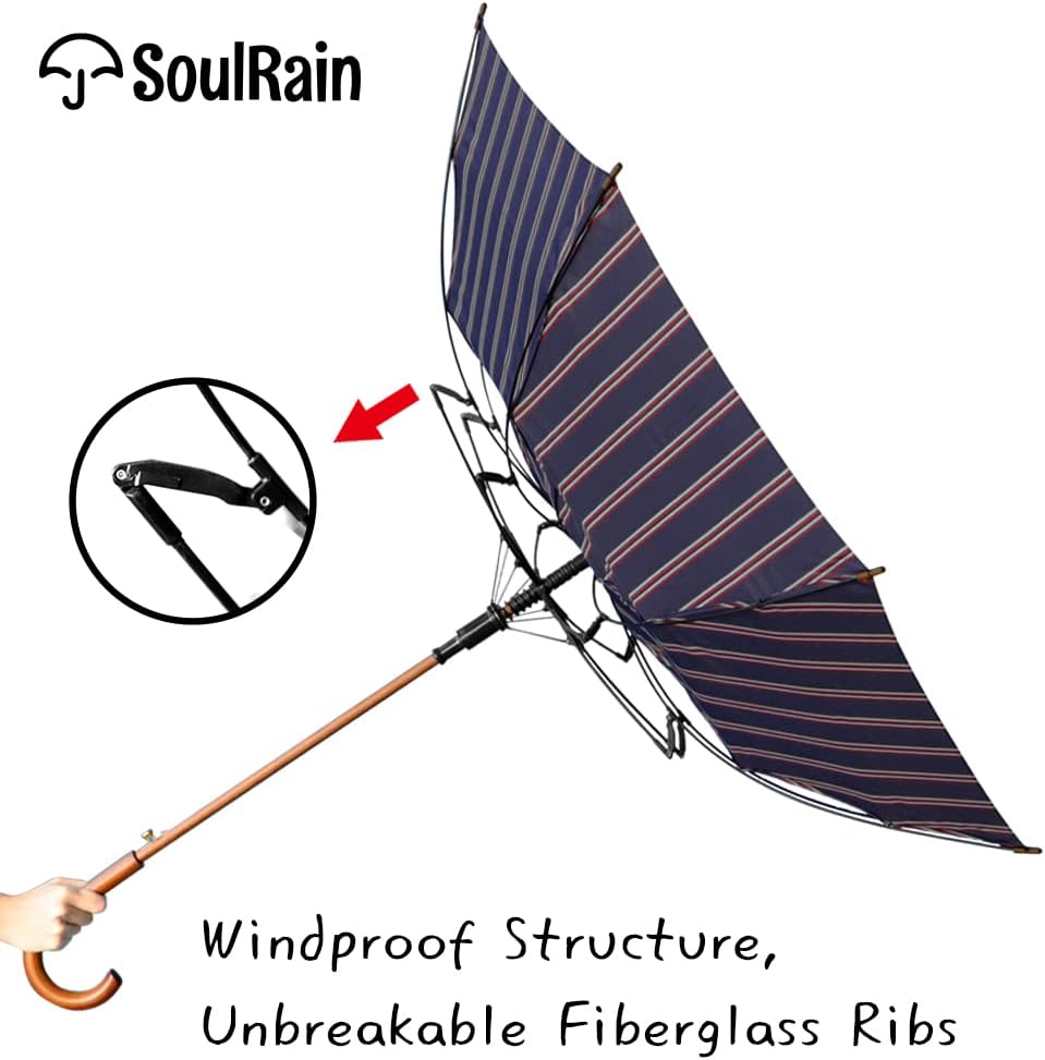 SoulRain 48" Arc Classic Wood Handle Umbrella Auto Open Windproof clear Unbreakable Stick Rain Umbrella (Elegant Stripes)