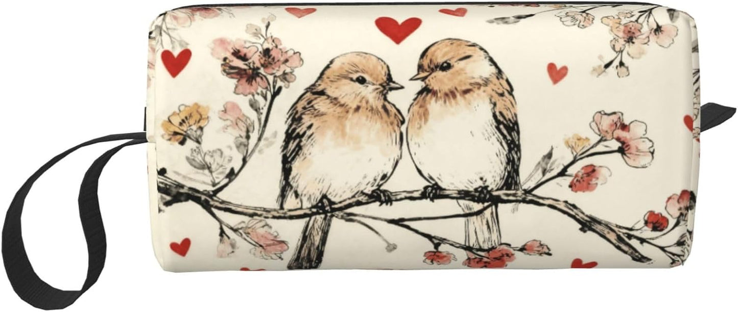 Vintage Lovebirds Floral Hearts Makeup Bag Organizer Compact & Durable Birds Travel Cosmetic Bag Oxford Fabric Impact-Resistant Multi-Purpose Storage Perfect for Travel, Gym, Daily Use