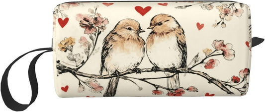 Vintage Lovebirds Floral Hearts Makeup Bag Organizer Compact & Durable Birds Travel Cosmetic Bag Oxford Fabric Impact-Resistant Multi-Purpose Storage Perfect for Travel, Gym, Daily Use