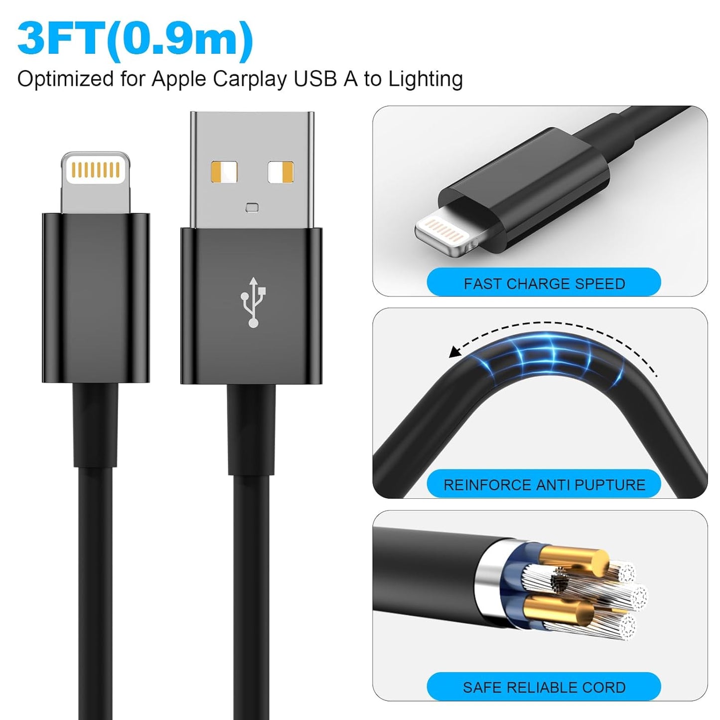 Car Carplay Cable, USB A to Lightning Cable 3FT Compatible with iPhone 14 13 12 11 Pro Max XR XS X Charger Cord，Car Charging Cord（Black）