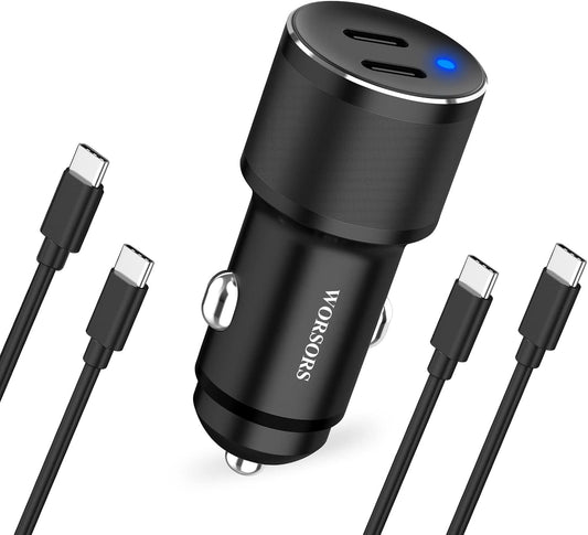 Dual 45W USB C Car Charger, 90W Max Super Fast Charging, All Metal 12V Cigarette Lighter Adapter for iPhone 17 Pro Max/16/15/iPad, Samsung Galaxy S25/S24, Google Phones with 2 Type C Cable 3.3ft Black