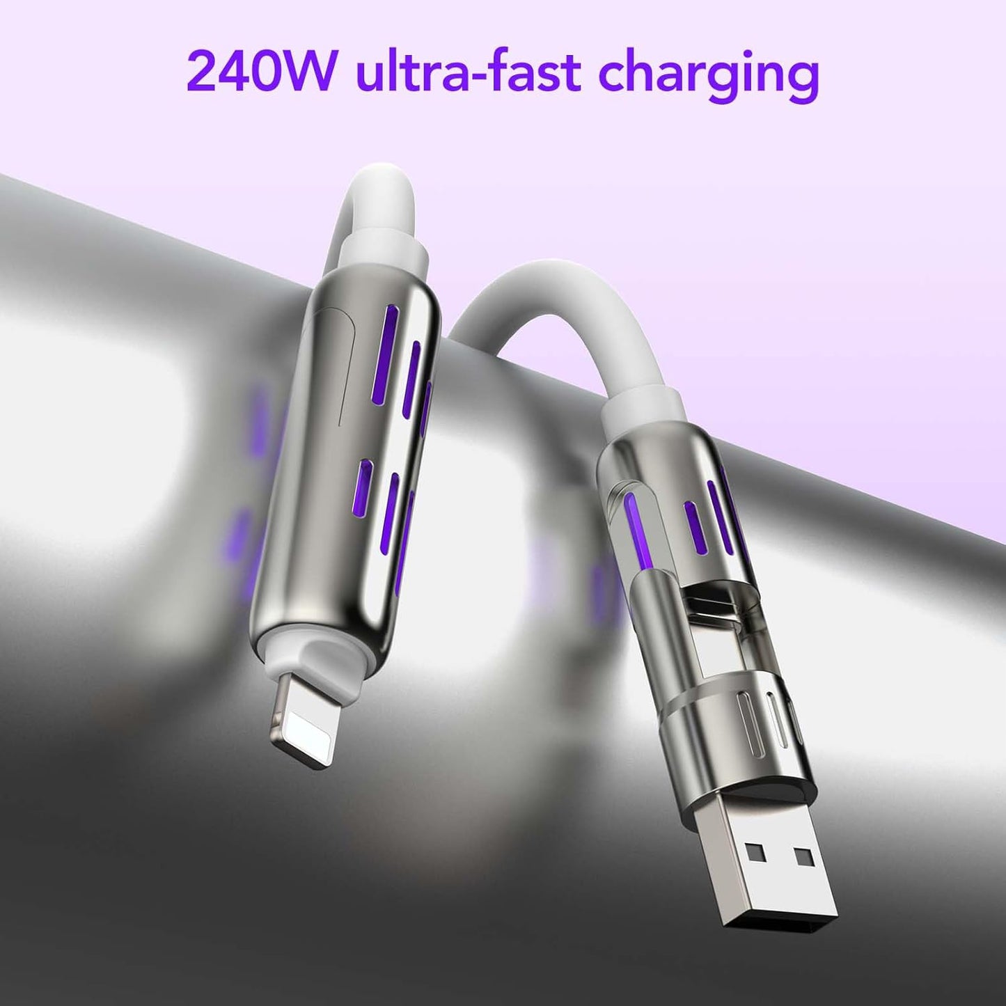 MFish 4-in-1 Universal USB Charging Cable with Carrying Case – 240W Max Fast Charger Cord, USB-A, Dual USB-C & Lighting, for iPhone 14/15/16/17 Series, iPad & MacBook and More (White, 6.6Ft)