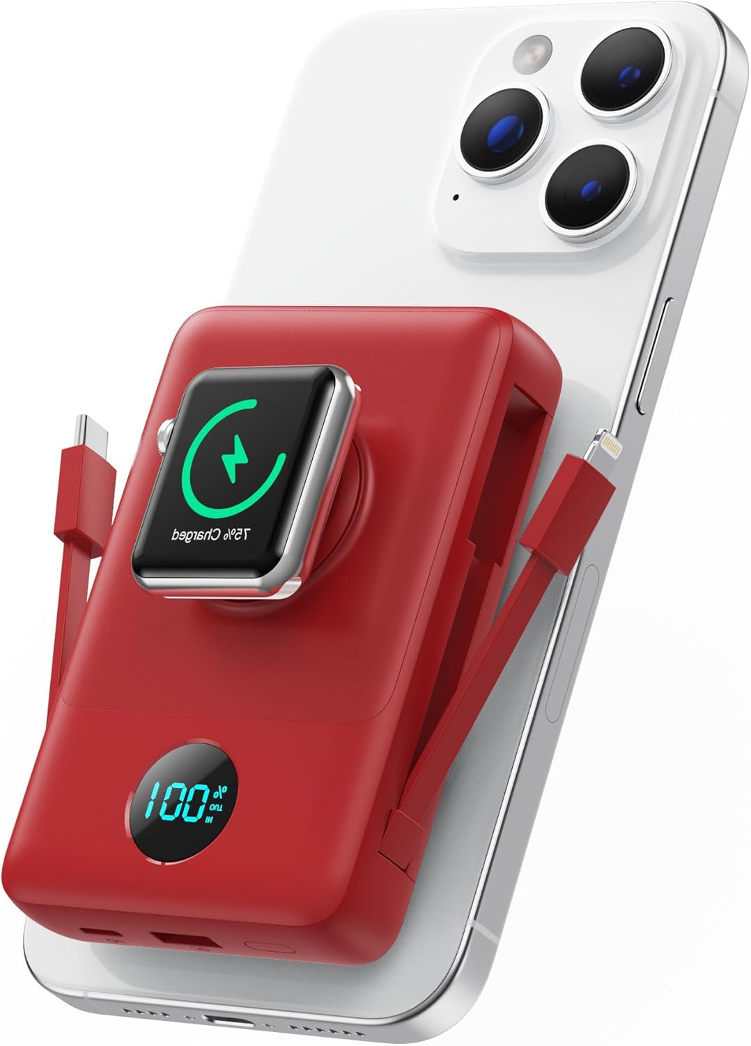 Magnetic Portable Charger for iPhone with Built-in Cables, 6-in-1 10800mAh Power Bank with iWatch Charger & LCD Display,25W Fast Charging Battery Pack for iPhone 17/16/15/14/13/12,Apple Watch (Red)