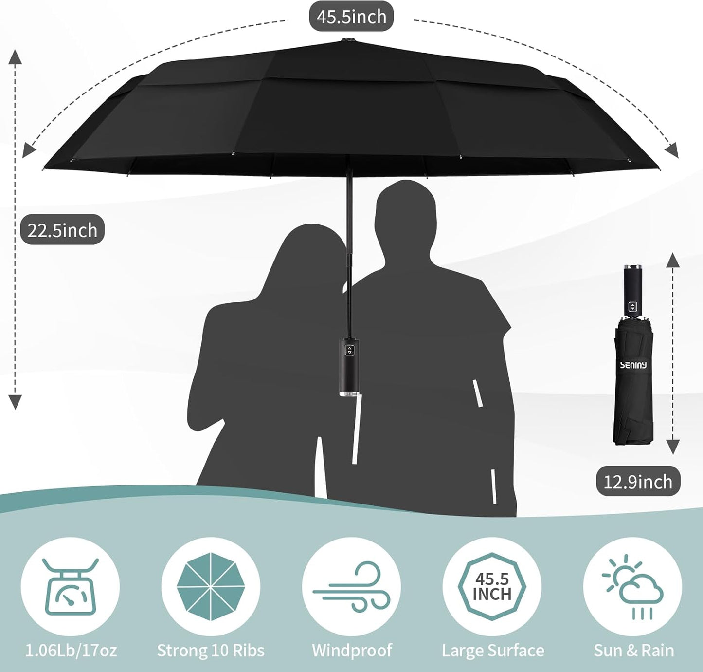 Seniny Travel Umbrella with Carabiner Handle, Windproof Large Umbrellas for Rain with Dual-Rib Structure, Portable Compact Umbrella with Reflective Strip, Car Backpack UV Umbrellas for Sun Protection