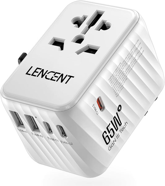 LENCENT International Travel Adapter, 65W GaN3 Universal Fast Charger with 2 USB A + 3 Type C PD, Worldwide Power Adaptor for Phones,Laptops, All in One Travel Essentials for EU/USA/UK/AU, White