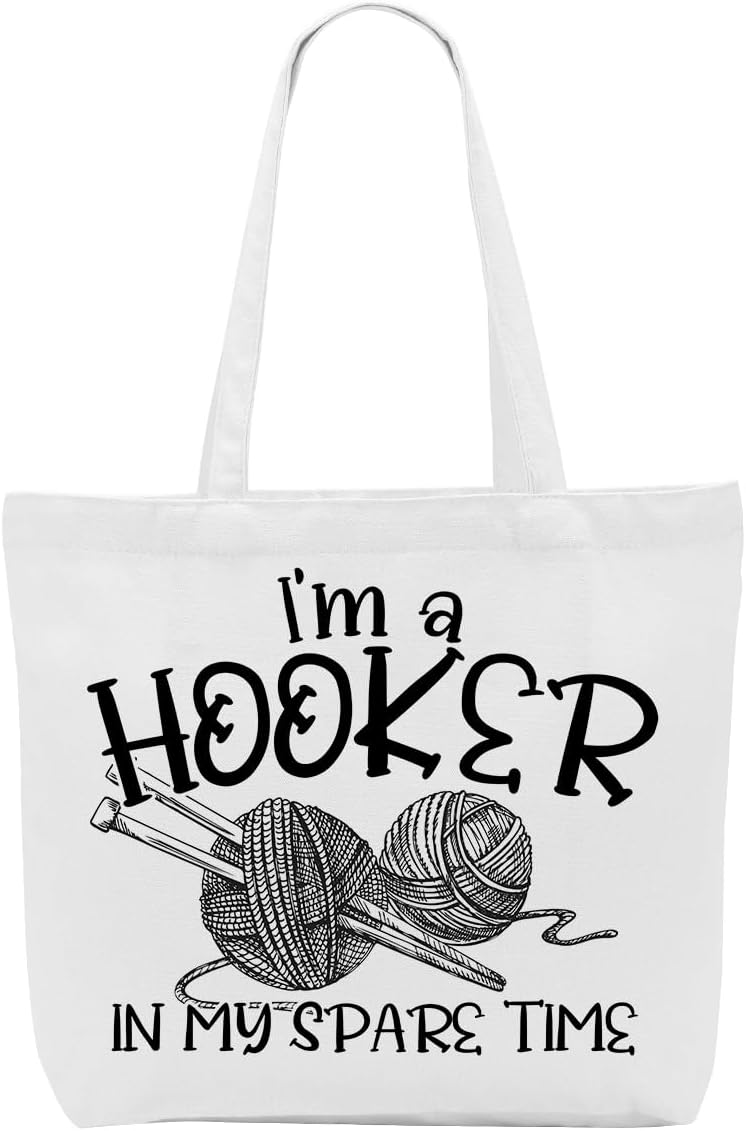 Crochet Knitting Humor Yarn Gifts Canvas Tote Bag, Reusable Grocery Shopping Bags for Crocheters Christmas