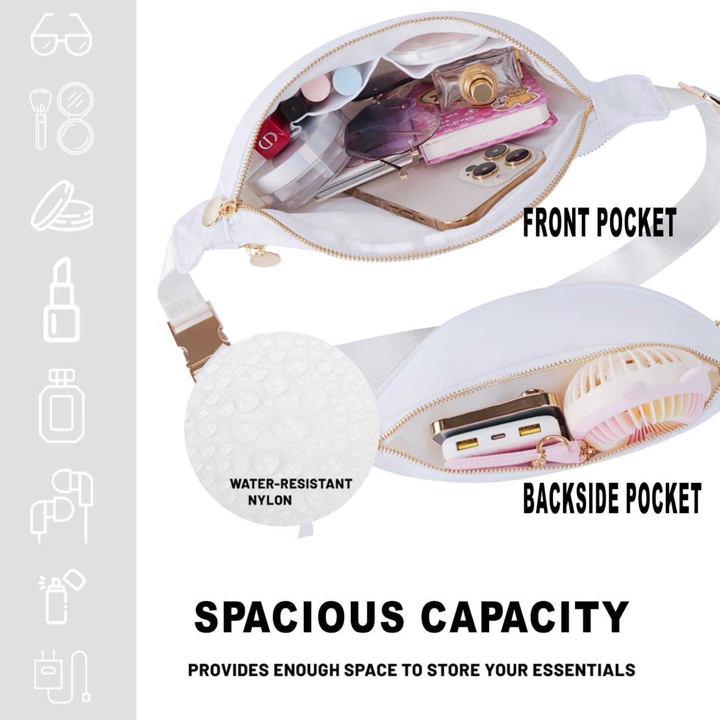 Fanny Pack Travel Waist Belt Nylon Crossbody Bag for Women (White)