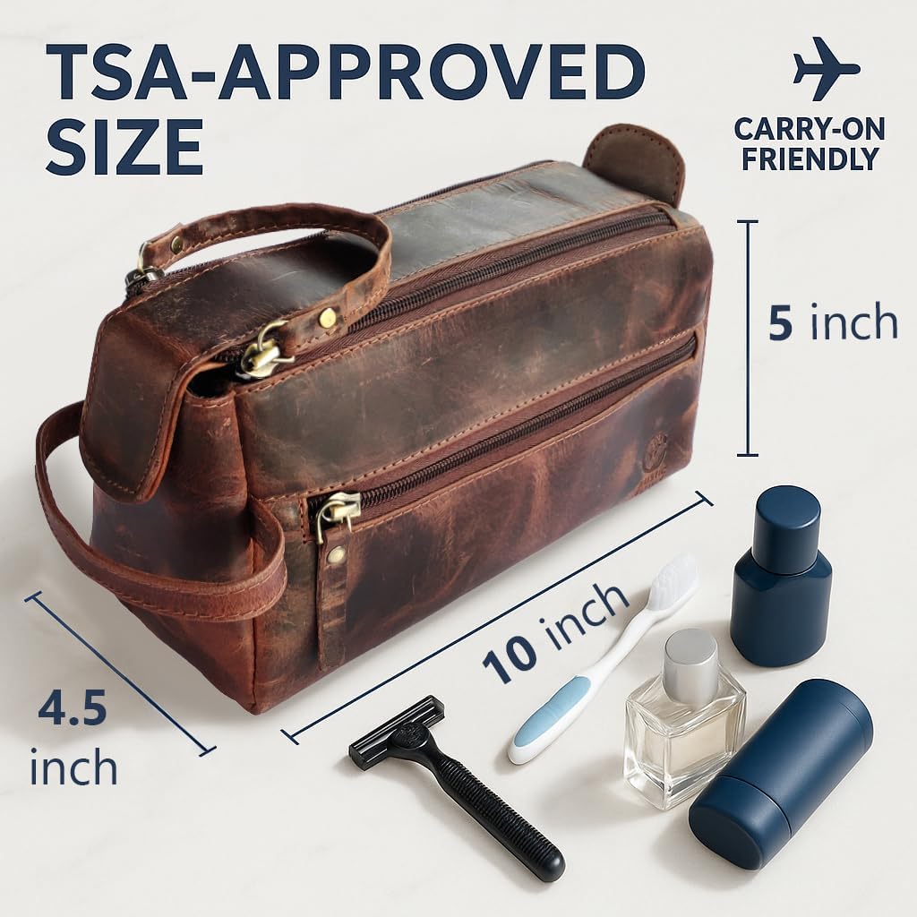 RUSTIC TOWN Buffalo Leather Toiletry Bag : Vintage Travel Shaving & Ditty Kit : for Toiletries, Cosmetics & More : Spacious Interior & Waterproof Lining : Compact, Fits Easily in Luggage