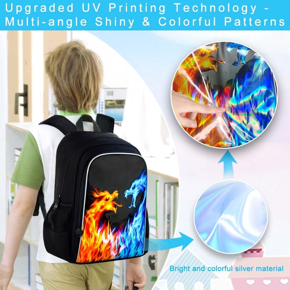 3PCS Dinosaur Backpack for Boys, 16 Inch Kids Water Resistant Preschool Elementary Kindergarten Bookbags and Lunch Box