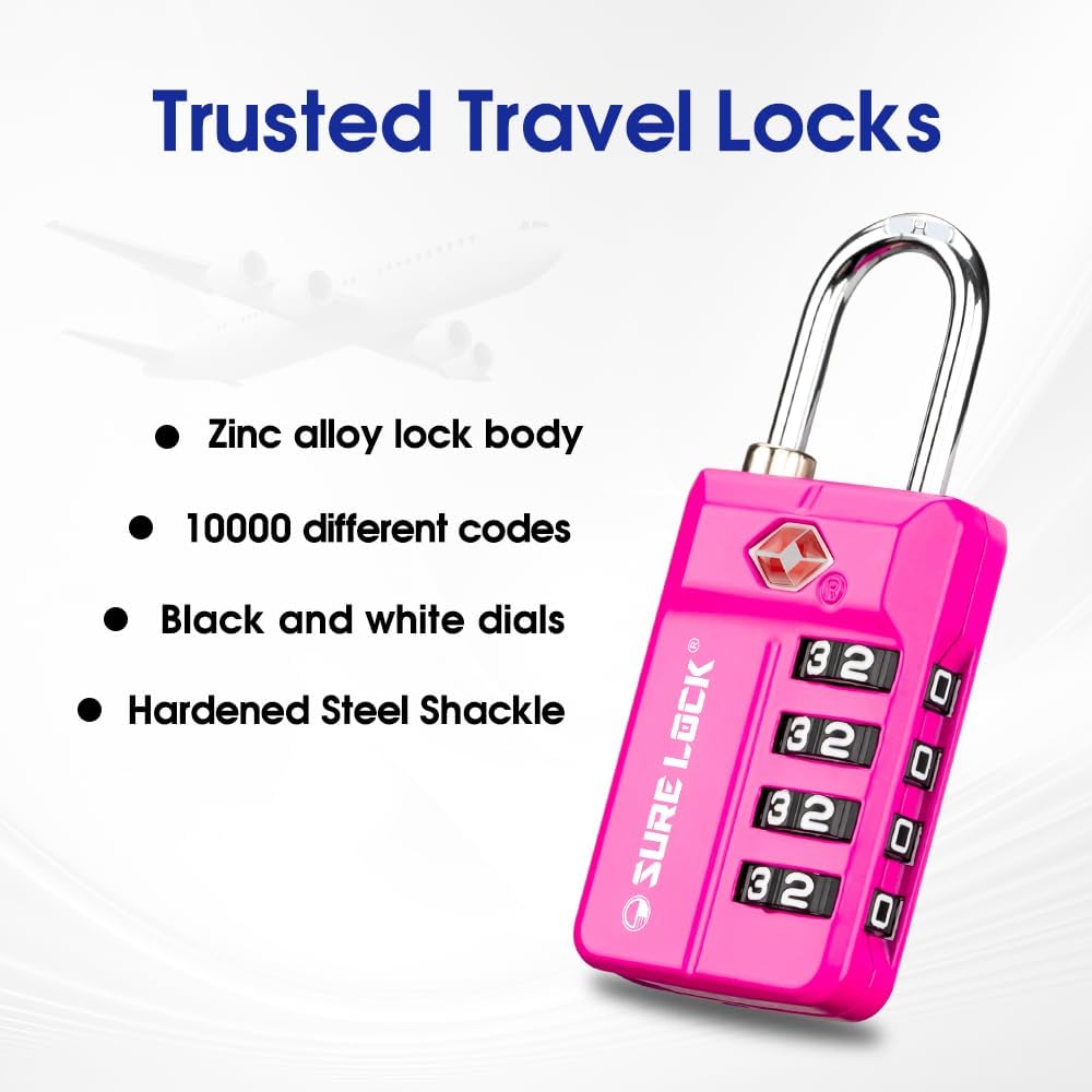SURE LOCK TSA Approved 4-Digit Resettable Combination Luggage Locks with Open Alert, Easy-Read