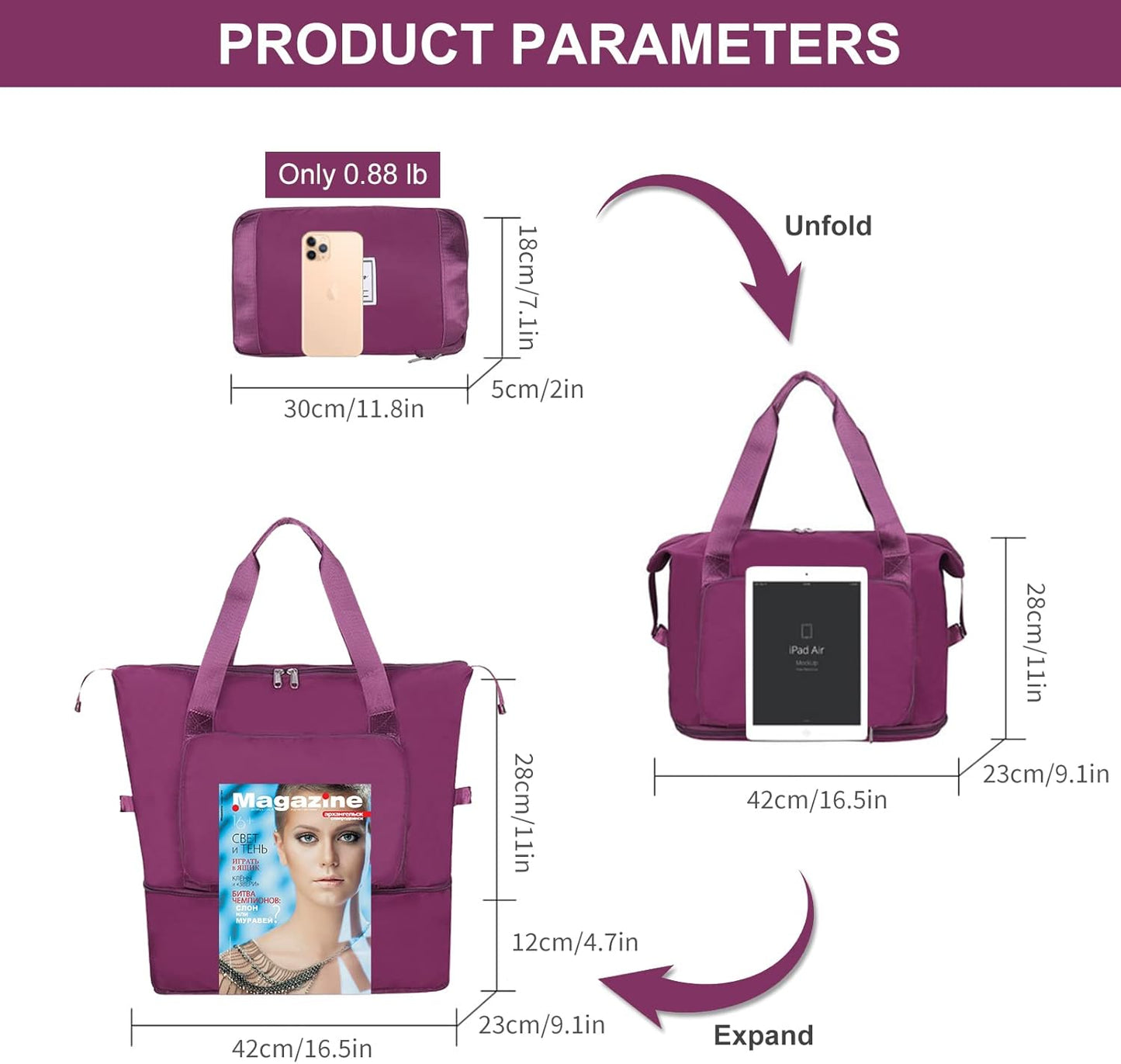 Large Capacity Folding Travel Tote Bag, Oxford Fabric Waterproof Lightweight Foldable Travel Duffel Bag, Portable Expandable Travel Bag, Dry and Wet Separation Carry On Bag for Airplanes
