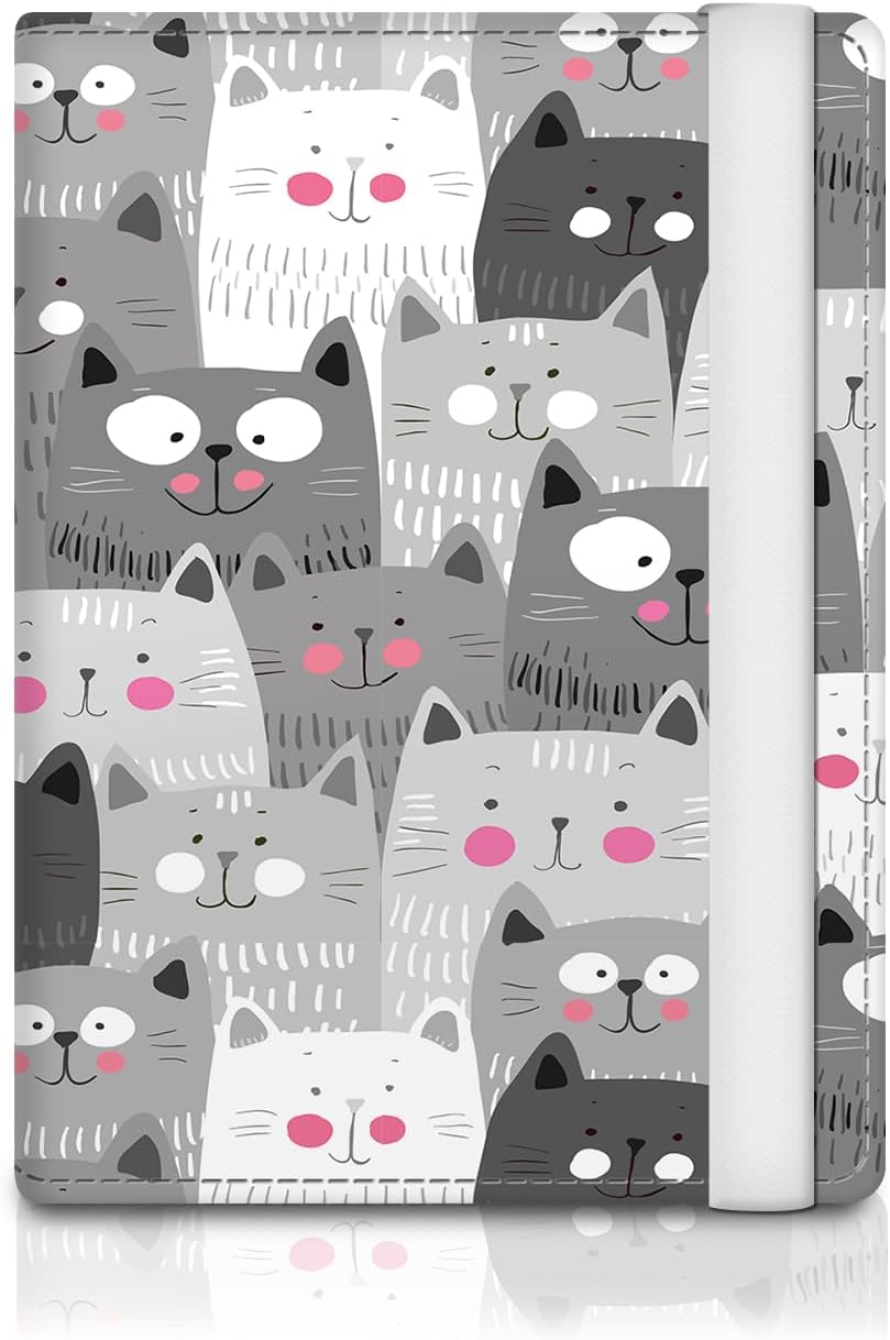 Passport Holder for Travel Essentials, RFID Premium Leather Passport Wallet Cover Case for Travel Must Haves Accessories, Passport Book Holders for Women Men Cute Grey Cats
