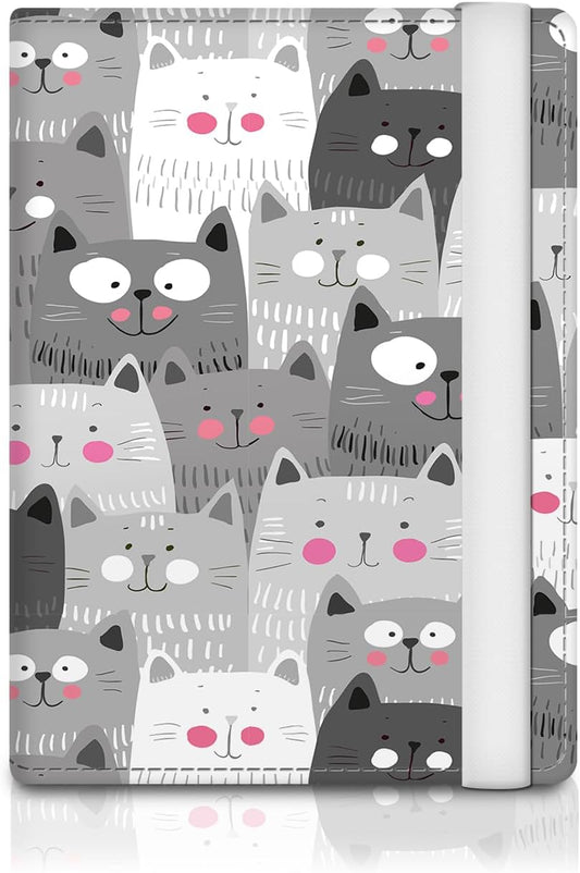 Passport Holder for Travel Essentials, RFID Premium Leather Passport Wallet Cover Case for Travel Must Haves Accessories, Passport Book Holders for Women Men Cute Grey Cats