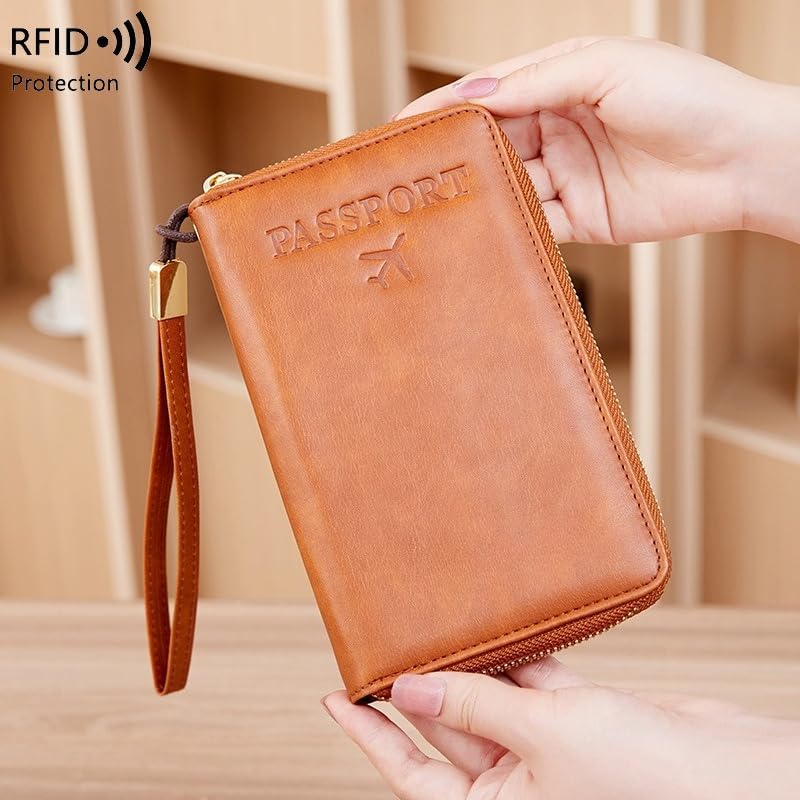 Unisex genuine leather wallet multifunctional RFID travel passport holder with protective cover (Brown)