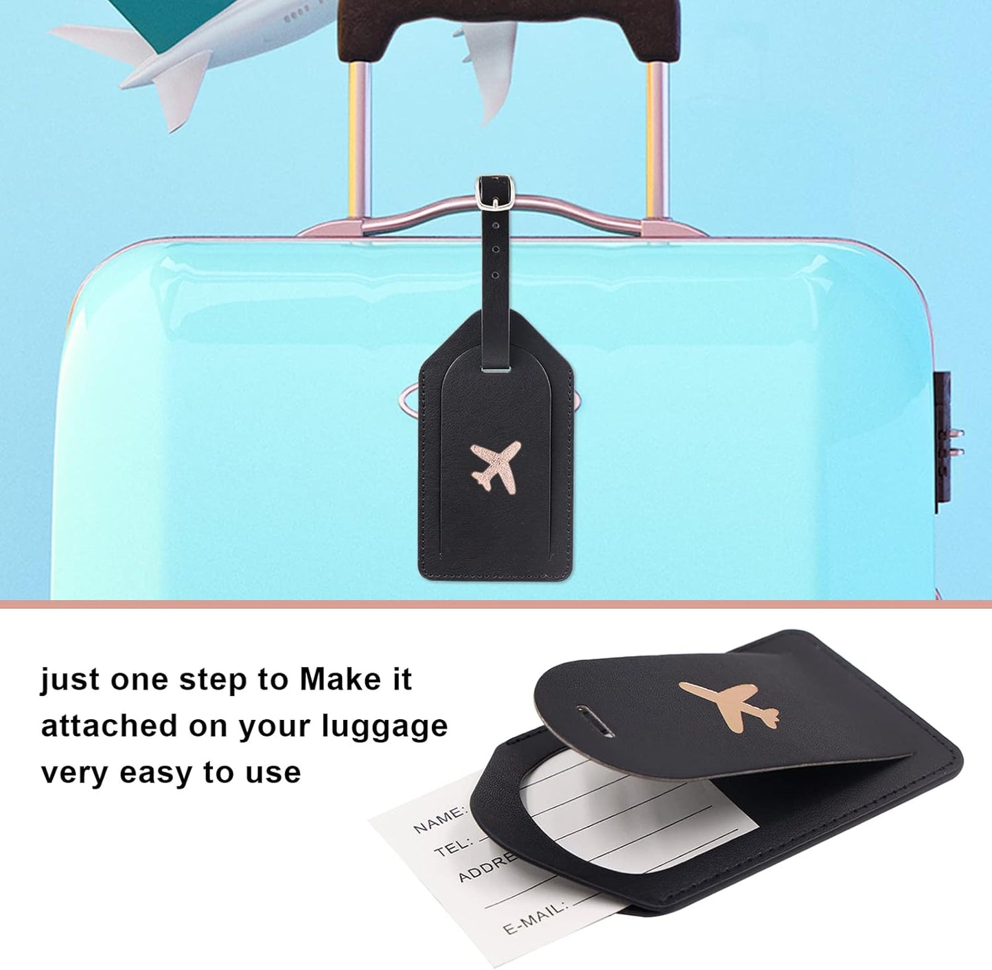Real Leather Wallet RFID Passport Holder with Suitcase Tag Set Card Slots (Black)