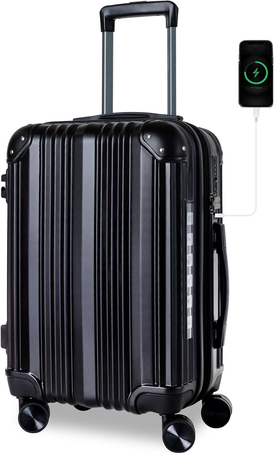 OUZZO 20 Inch Carry On Luggage set with USB Port, 22x14x9 Airline Approved, Hardshell Expandable Suitcase with Spinner Wheels, TSA Lock, Corner Protectors, Travel Luggage for Business & Plane – Black