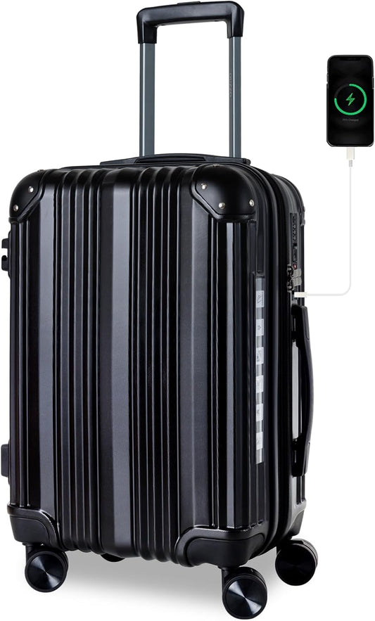 OUZZO 20 Inch Carry On Luggage set with USB Port, 22x14x9 Airline Approved, Hardshell Expandable Suitcase with Spinner Wheels, TSA Lock, Corner Protectors, Travel Luggage for Business & Plane – Black