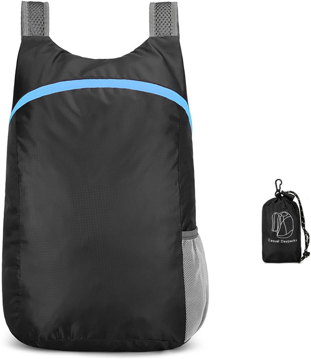 Lightweight Foldable Waterproof Backpack For Men Women Outdoor Sports Travel Leisure Bag Hiking Small Daypack 20L (Black-Blue)