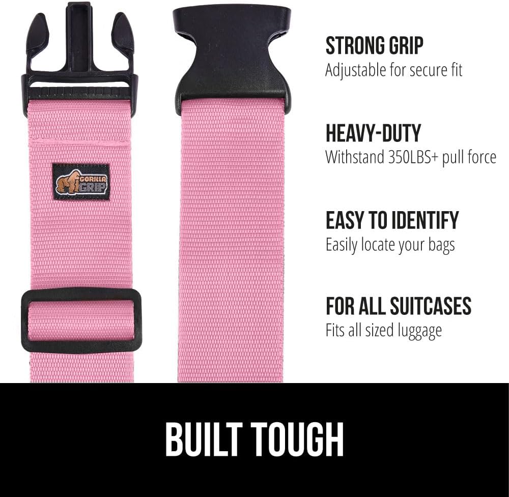 GORILLA GRIP Heavy Duty 8 Pack Adjustable Luggage Straps for Suitcases, Easy to Identify Travel Belt Connector Holds Suitcase Together, Extends Life of Bag, Strap Connects Two Bags, Accessories Pink