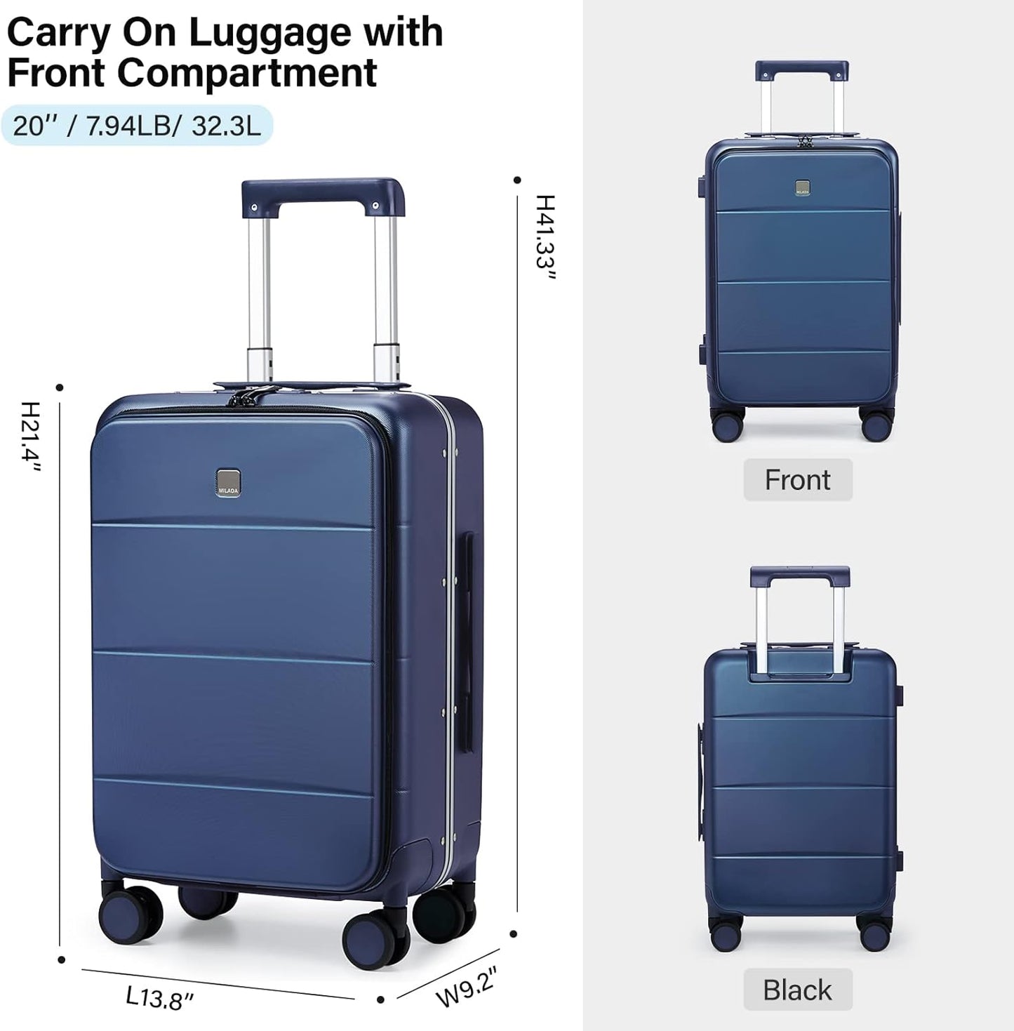 MILADA Carry On Luggage 22x14x9 Airline Approved Spinner Wheels TSA Luggage 20 Inch Hard Shell