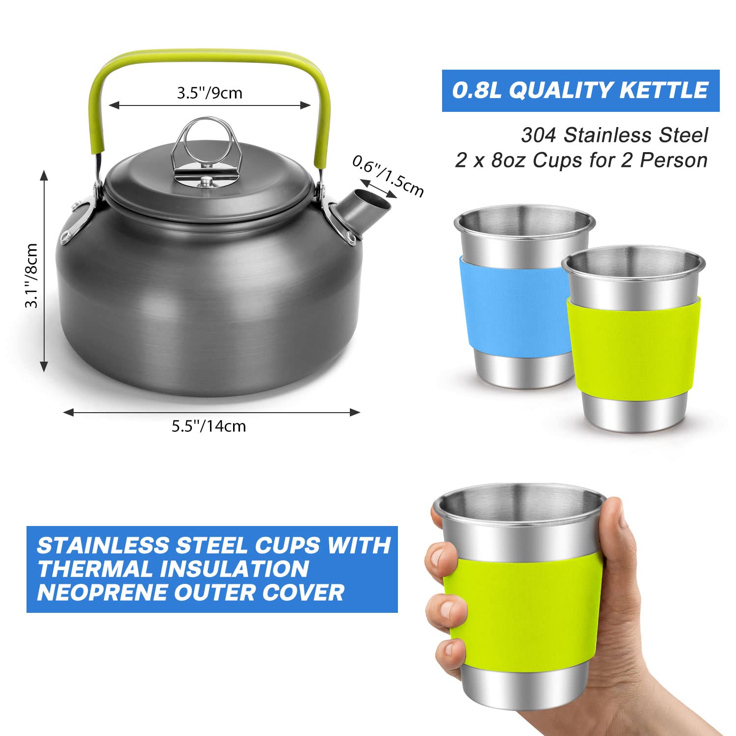 Odoland 15pcs Camping Cookware Mess Kit, Lightweight Pot Pan Kettle Set