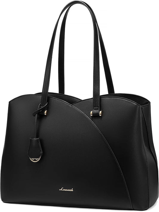 LOVEVOOK 17 Inch Laptop Tote Bag for Women, Work Bags Laptop Bag Teacher Tote Bag, Leather Computer Bag Large Purses Handbag Professional Briefcase, Black