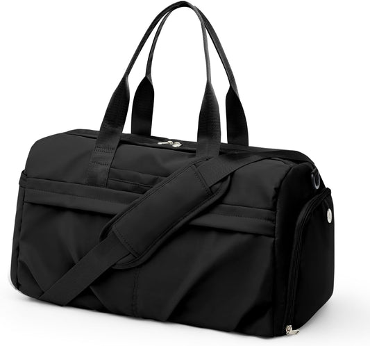 Gym Bag for Women Men with Shoe Compartment, Sport Duffel Bag, Waterproof Travel Weekender Overnight Carry on Bag for Yoga with Trolley Sleeve, Black