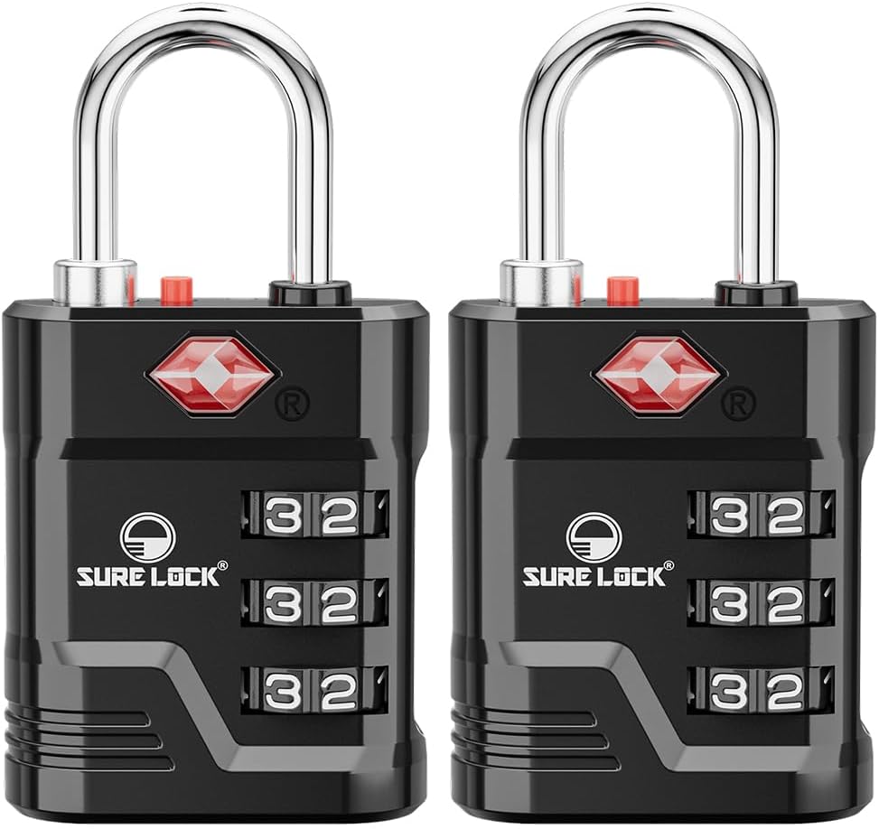 SURE LOCK TSA Locks for Luggage, TSA Approved Luggage Locks with Open Alert, 008 Key for High Security, Easy Read Dials, Zinc Alloy Body, Locker Lock for Suitcase, Gym, Travel. (Black 2 pk)