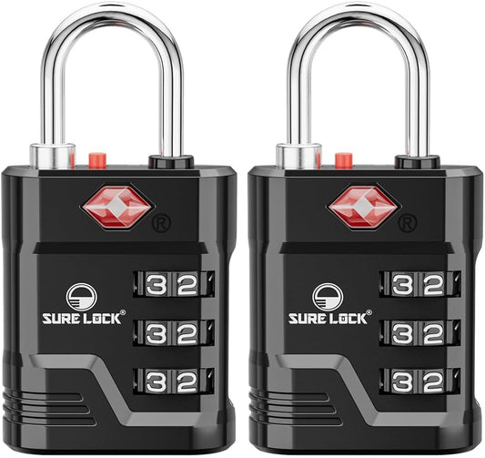 SURE LOCK TSA Locks for Luggage, TSA Approved Luggage Locks with Open Alert, 008 Key for High Security, Easy Read Dials, Zinc Alloy Body, Locker Lock for Suitcase, Gym, Travel. (Black 2 pk)