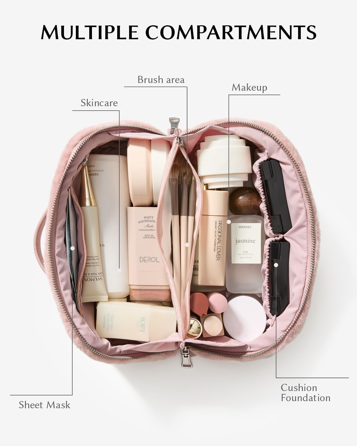 EACHY Travel Makeup Bag,Cute Faux Fur Cosmetic Bag for Women,Portable 180°Wide-Open Flat Toiletry Bag,Large Capacity Makeup Pouch Make up Organizer with Divider and Handle