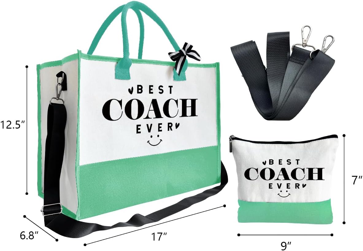 SUSZDOU Gifts for Best Coach Ever - Canvas Beach Tote Bag with Matching Makeup Pouch, Durable Travel Gym Camping Bag, Thank You Gift for Sports Coach, Female Trainers Gifts for Women H1
