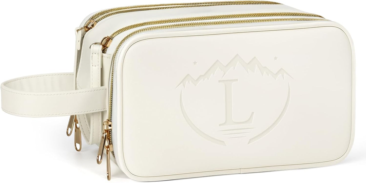 Travel Toiletry Bag for Women,Toiletry Bags for Traveling Womens Leather,Compartments Make up Bags for Women,Cosmetic pouch Organizer,White- L