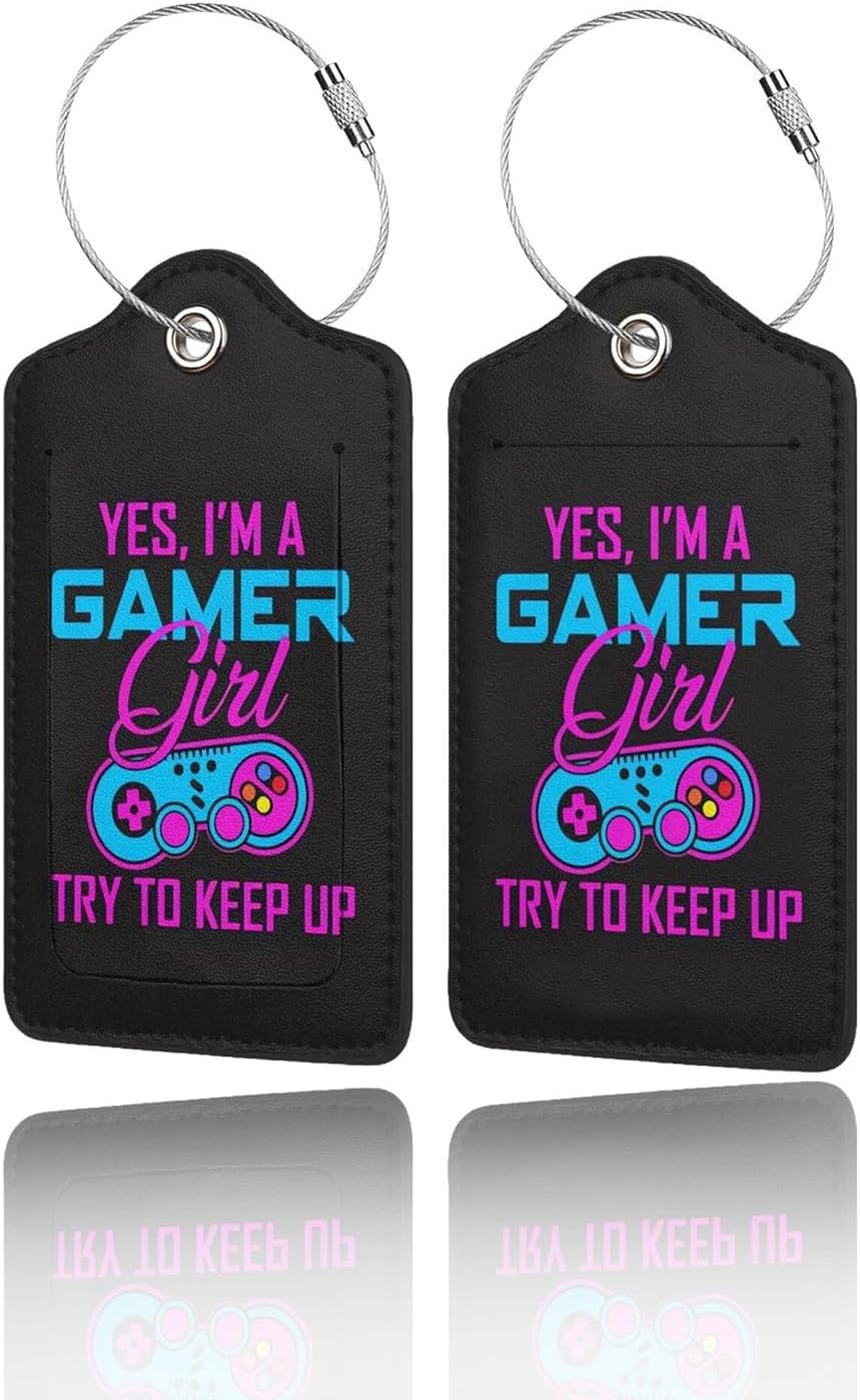 2 Pack Luggage Tags for Suitcase, Privacy Cover ID Label with Stainless Steel and Address Card for Travel Bag Backpack Cruise Ship Essentials Tag Girls Teens - I'm a Gamer Girl