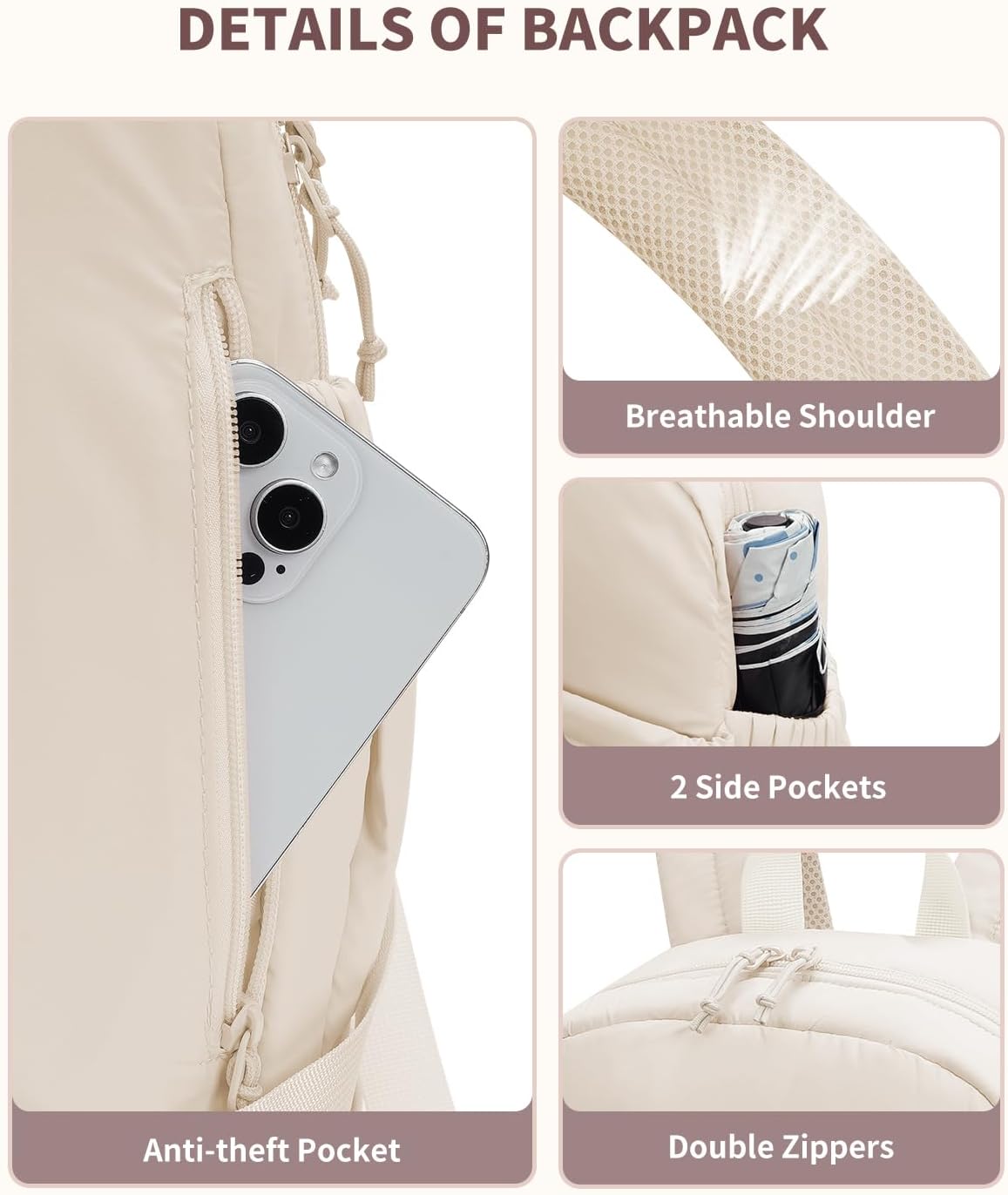 Ceneda Gym Backpack for Women, Lightweight Puffer Backpack with Shoe Compartment, Wet Pocket & Tumbler Strap, Cute Daypack for Fitness, Daily Use & Travel (Beige)
