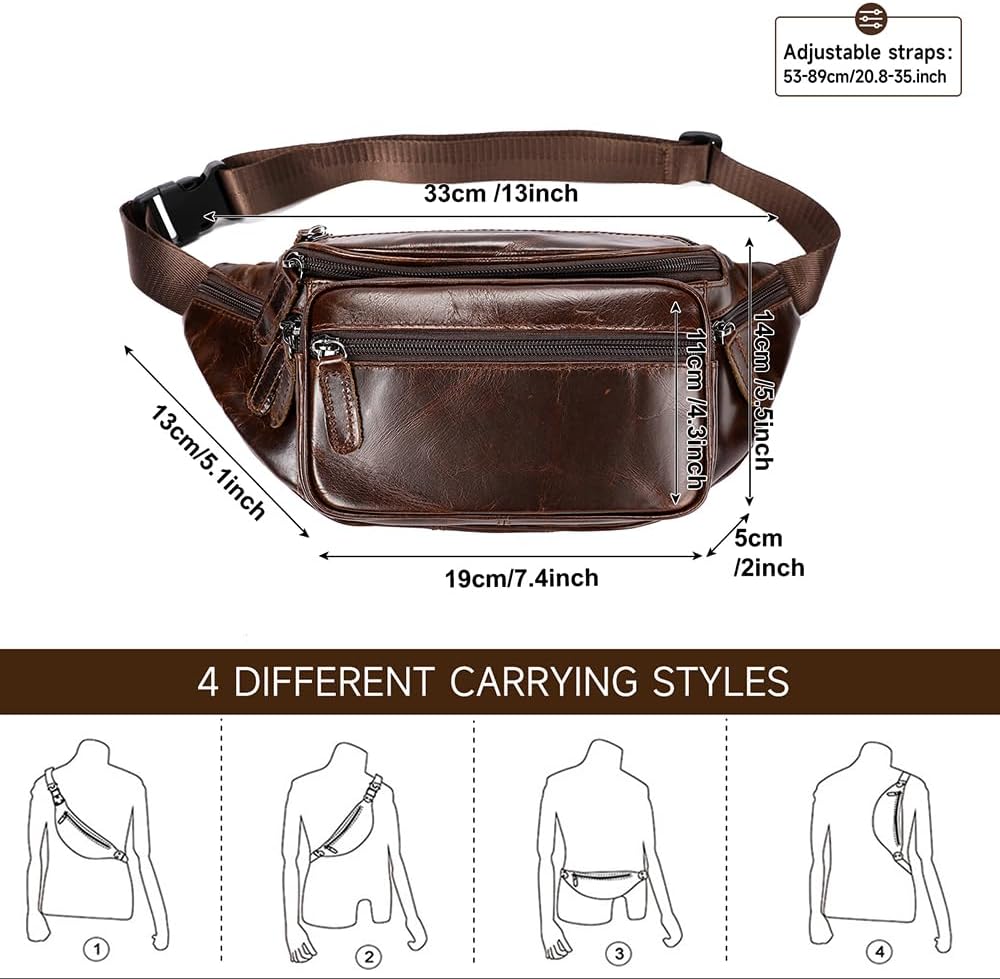 Genuine Leather Fanny Pack Men Women Multi-Pockets sling Waist Bag For Travel Sports Hiking Cycling Fishing Running OilCoffee Large