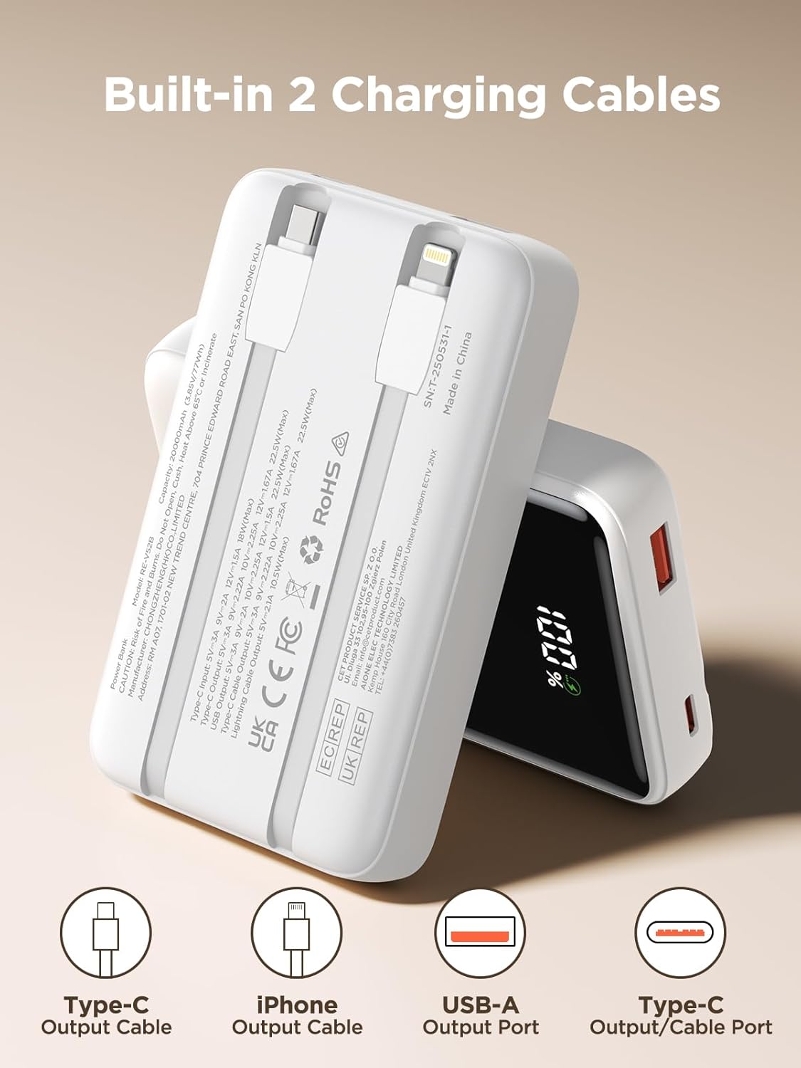 Aioneus 20000mAh Portable Charger, Power Bank with Built in Cables USB C 22.5W Fast Charging Battery Pack for iPhone 16 15 14 13 12 11 Pro Max, Samsung Galaxy S25 S24 S23 Android Phones (1Pack)