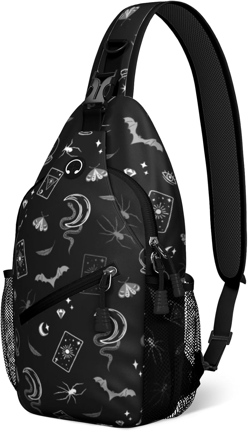 Black Gothic Sling Bag Crossbody Chest Bag for Women Men, Water Resistant Lightweight Casual Crossbody Bag with Adjustable Strap, Travel Hiking Daypack Shoulder Backpack