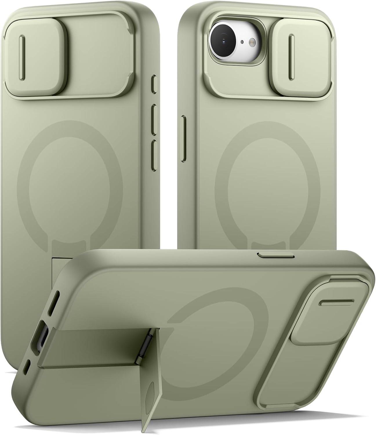 SURITCH for iPhone 16e Case with Magnetic Camera Slide Cover and Adjustable Kickstand, Compatible with MagSafe, Shockproof Bumper Case Slim Protective Cover 6.1 Inch,Green