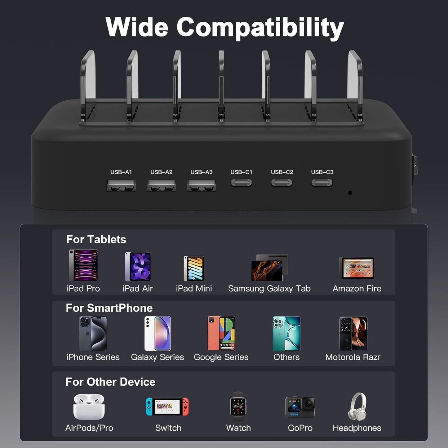MSTJRY 90W 6-Port USB C Fast Charging Station for Multiple Devices, Multi PD Charger Station for iPhone iPad Tablet Phone, Charging Dock Organizer with Adjustable Dividers for Home Office Classroom
